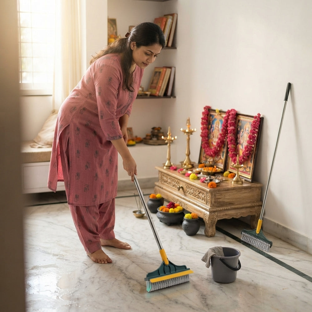 South Asian woman cleaning a marble floor with a 2-in-1 scrub brush and wiper in a bright home prayer room.