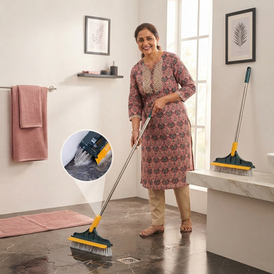 An Indian woman using a 2-in-1 floor scrub brush and wiper in a modern, well-lit home with rose and charcoal decor.
