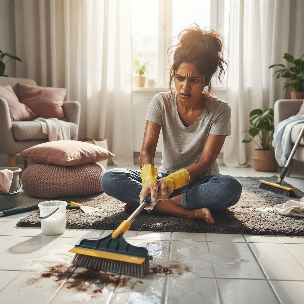 A South Asian woman scrubbing a white tile floor with a 2-in-1 cleaning brush in a bright, modern living space.